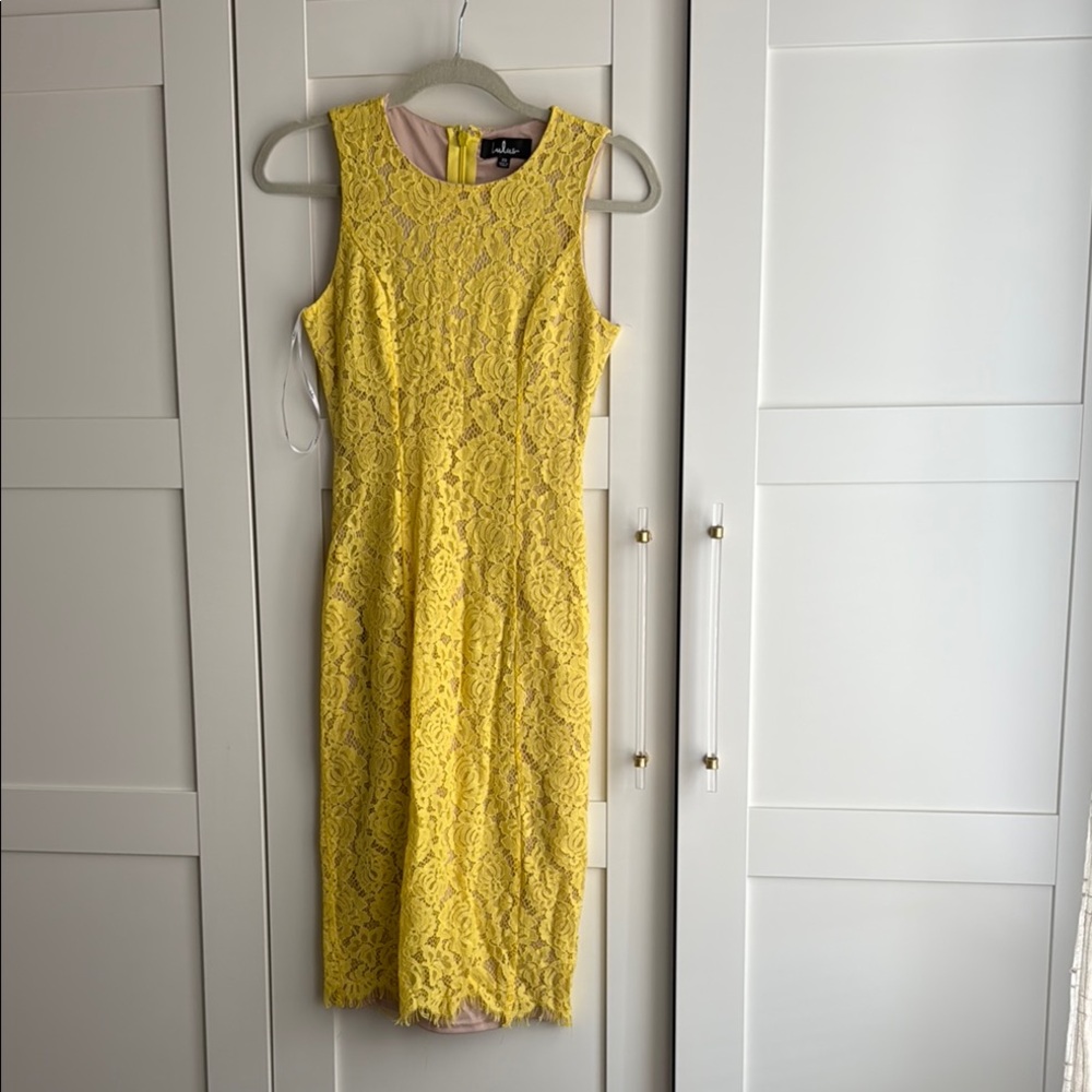 Aidan Mattox Yellow Lace Midi Dress